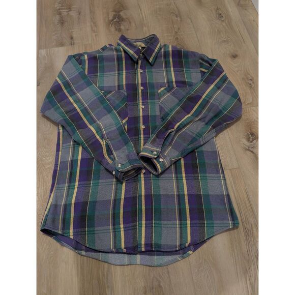 Vintage St. John's Bay Flannel Men's Large Tall LT USA Made Purple Green Plaid - Picture 2 of 14